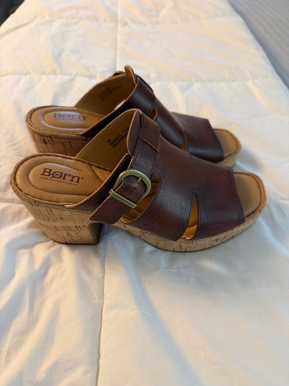 Born Brown Leather Cork-Heel Mule Sandals with Buckle